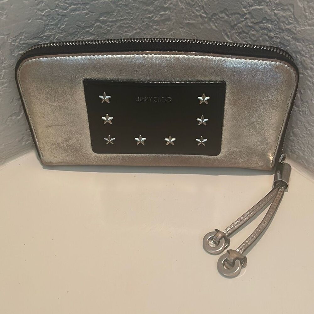 Jimmy Choo Zip Around Long Wallet Black Metallic Silver Star Accent Colorblock